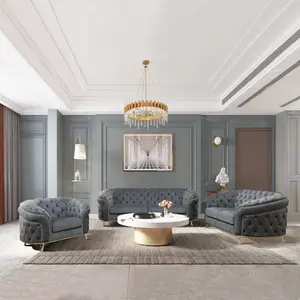 Grey Microfiber 3-Piece Sofa Set Cozy Modern Living Room Furniture with Tufted Design and Gold Accents