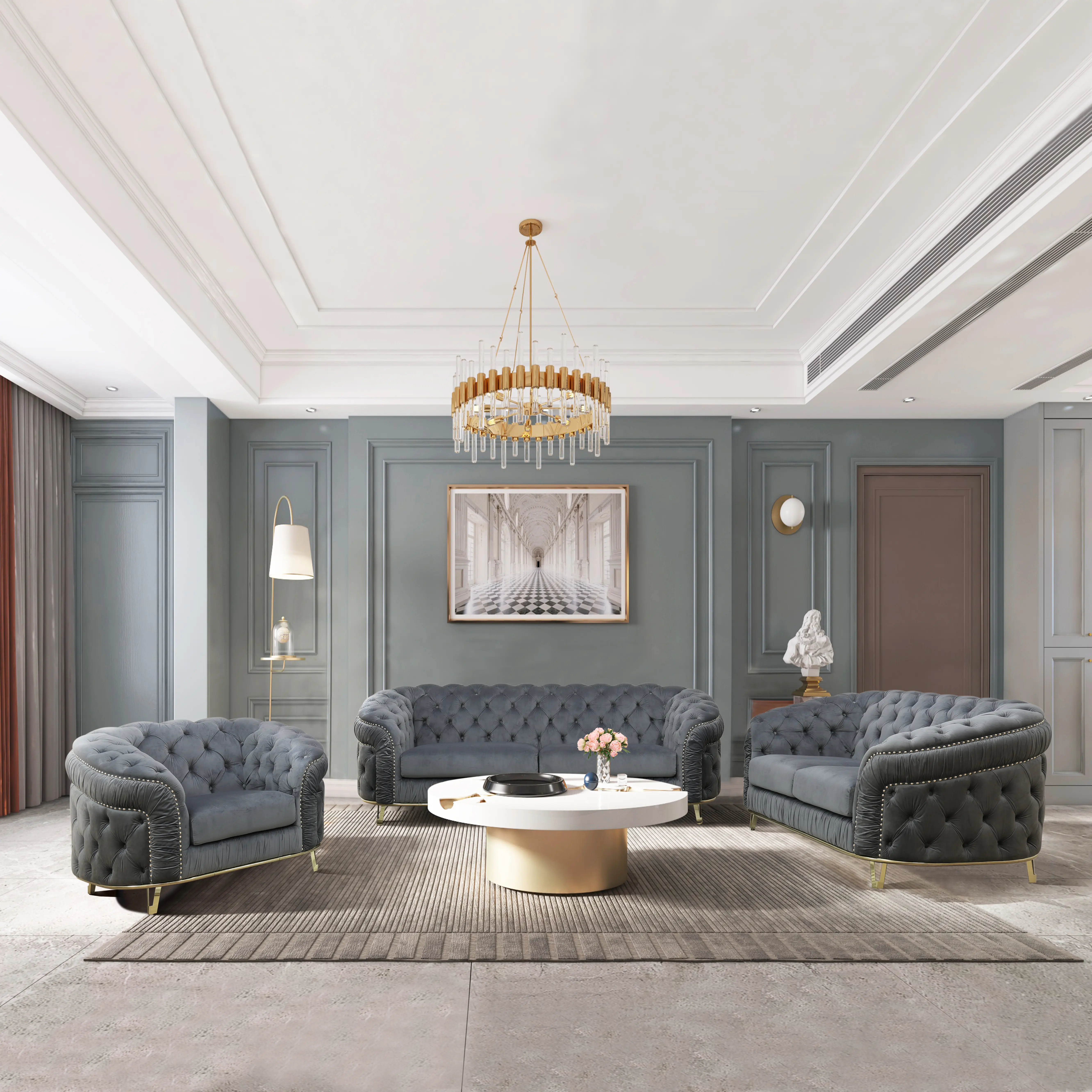 3-Piece Grey Microfiber Curved U-Shaped Sectional Sofa Set - Modern Minimalist Tufted Couch with Gold Accents, Cozy Multi-Seat Living Room Couch, Indoor Living Room Furniture, Modern Minimalist Couch