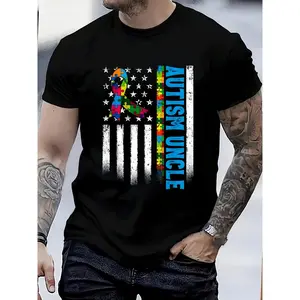 Retro American Flag Autism Uncle Awareness Autistic TShirt Women's Men's Graphic Tee Causal Tops Fashion