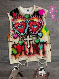 Rhinestone, Graphic, hole breaking graffiti vest unisex tie dye printed t-shirt vest men's Y2K style cross sleeveless hip-hop vest street fashion geometric aesthetic vest