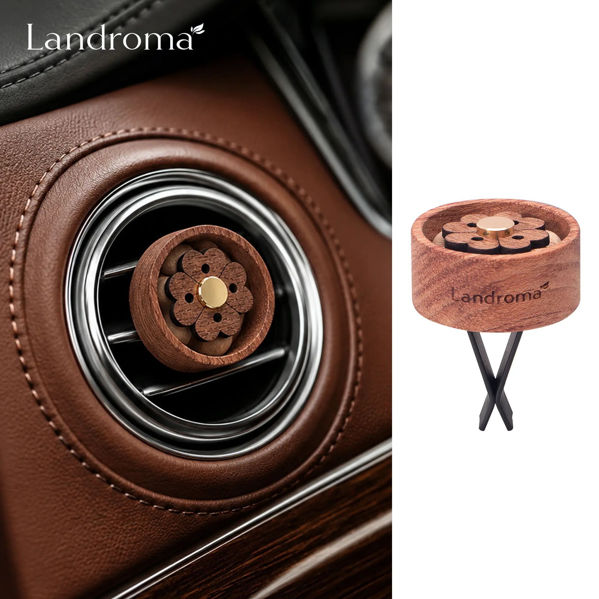 Landroma Wooden Car Diffuser Kit with Aroma Oil, Refillable Car Air Freshener Vent Clip, Natural Wood Car Fragrance Diffuser for Auto Interior
