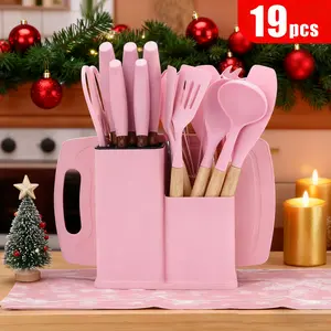 H   19-Piece Kitchen Set: All-in-One with Knives, Tools & Storage. Neat, Stylish & Practical, Meets Diverse Cooking Needs., Perfect Christmas Gift, Adds Ritual to Your Cooking.n  (black/white/gray/pink), ideal holiday gift. Cookware