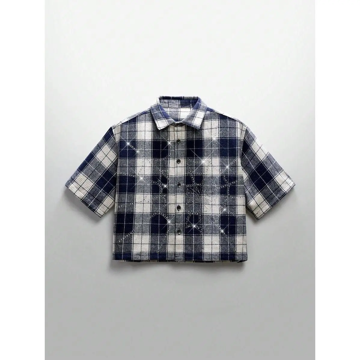 NEON BLANC Men's Street Fashion Woven Rhinestone Spider Web Check Short Sleeve Shirt, Emo