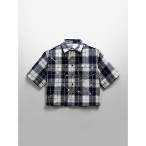 NEON BLANC Men's Street Fashion Woven Rhinestone Spider Web Check Short Sleeve Shirt, Emo