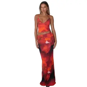 Floral Print Adjustable Strap Sleeveless Cami Patchwork Top & Bodycon Maxi Skirt Two Pieces Set Women's 2025 Summer New Holiday Outfits Classic Sexy Party Club V-Neck Sleeveless Skirt Suit