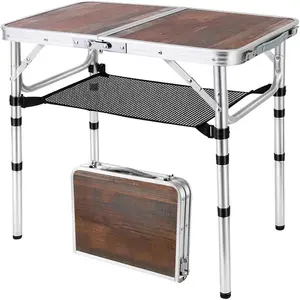 Small Folding Table, 3 Adjustable Heights Picnic Table, Outdoor Folding Table with Storage Mesh Layer, Portable Table for BBQ, Patio, and Indoor