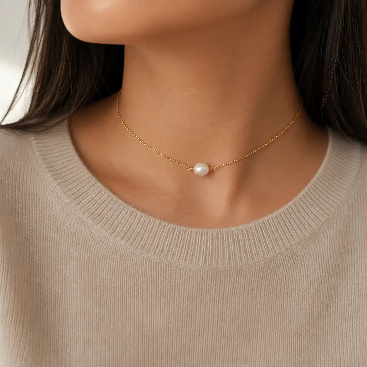 Dainty Freshwater Pearl Choker Necklace | Single Pearl Necklace | 18K Gold Plated | Minimalist Jewelry for Women
