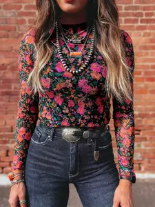 Women's Rose Print Floral Mesh Long Sleeve Stand Collar Fitted Shirt, Stylish Elegant Chic Casual Top for Spring & Fall, Comfortable and Breathable