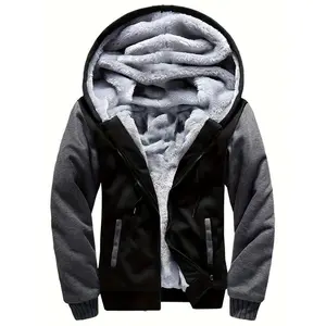 Men's Warm Fleece Hooded Jacket, Casual Color Block Jacket Coat For Fall Winter