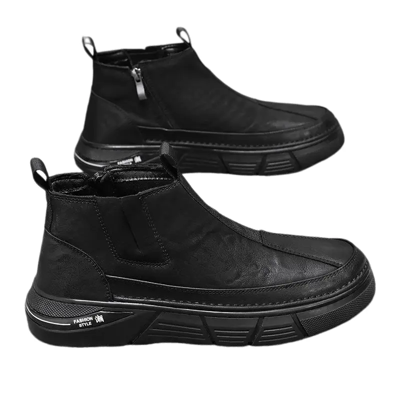 Men’s Side Zipper Leather Chelsea Platform Ankle Boots Height Increasing Non Slip Waterproof Casual Work Boots For Fall Winter Daily Commute