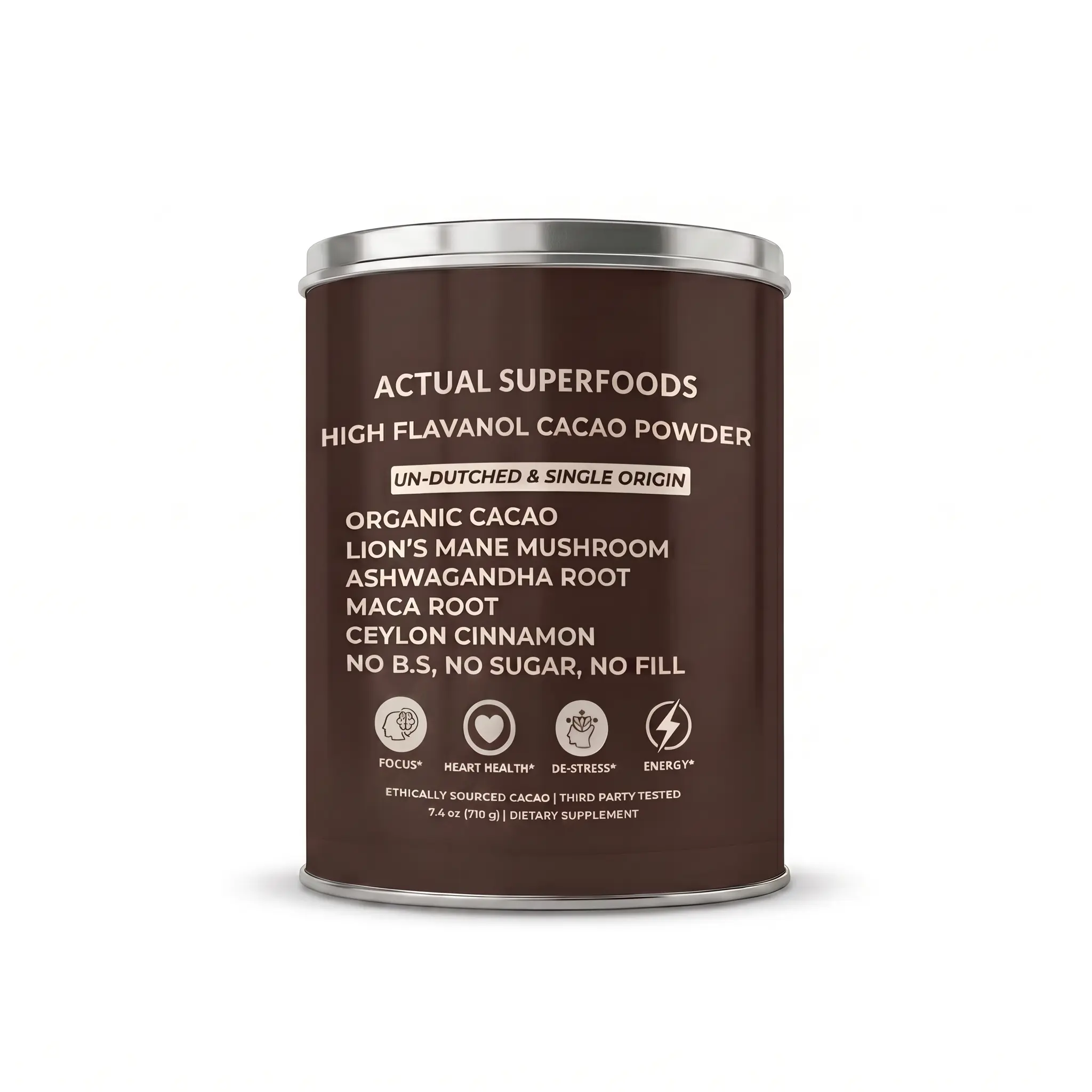 Actual Superfoods High Flavanol Cacao Powder - Single Origin, Non-Alkalised with Lion's Mane, Maca, Ashwagandha, Ceylon Cinnamon - Organic Heart-Healthy Beverage & Coffee Alternative - 30-Servings Wellness Supplement