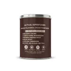 Actual Superfoods High Flavanol Cacao Powder - Single Origin, Non-Alkalised with Lion's Mane, Maca, Ashwagandha, Ceylon Cinnamon - Organic Heart-Healthy Beverage & Coffee Alternative - 30-Servings Wellness Supplement