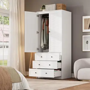 Gaomon Modern Wooden Freestanding Wardrobe Armoire, Wardrobe Organizer with 3 Drawers & 2 Doors, Tall Heavy-Duty Standing Storage Cabinet for Hanging Clothes, White
