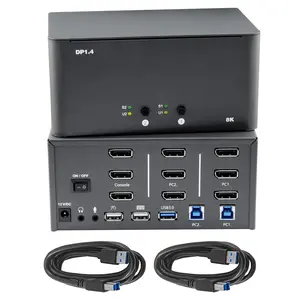 2 Port Triple Monitor DisplayPort 1.4 KVM Switch, 2 Computers 3 Monitors 8K60Hz MST HDR10 USB3.0 10Gbps KVM Switcher with 3.5mm Audio Mic, Hotkey & Button Control for PC Laptop PS5, Local Stock