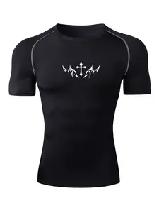 Cross Graphic Short Sleeve Compression Shirt for Men, Gym Clothes Workout, Gym Workout Fitness Running Tees, Summer Quick-Dry Breathable Round Neck Tight-Fitting T-Shirt