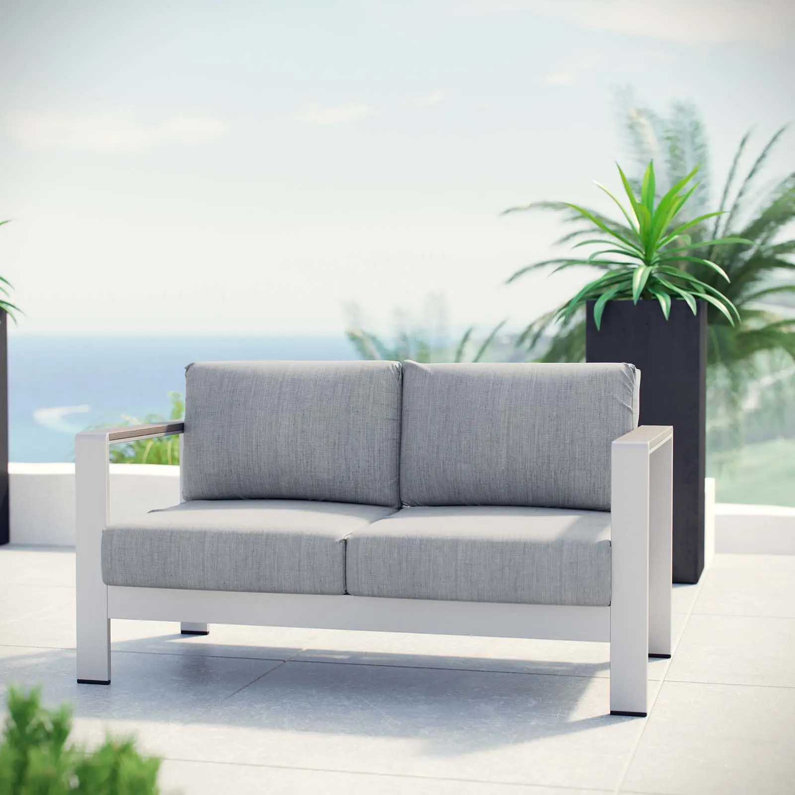 Modway Shore Outdoor Patio Aluminum Loveseat in Silver Gray