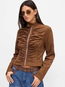 Cider Suede Mandarin Collar Metal Button Zip Through Ruched Jacket