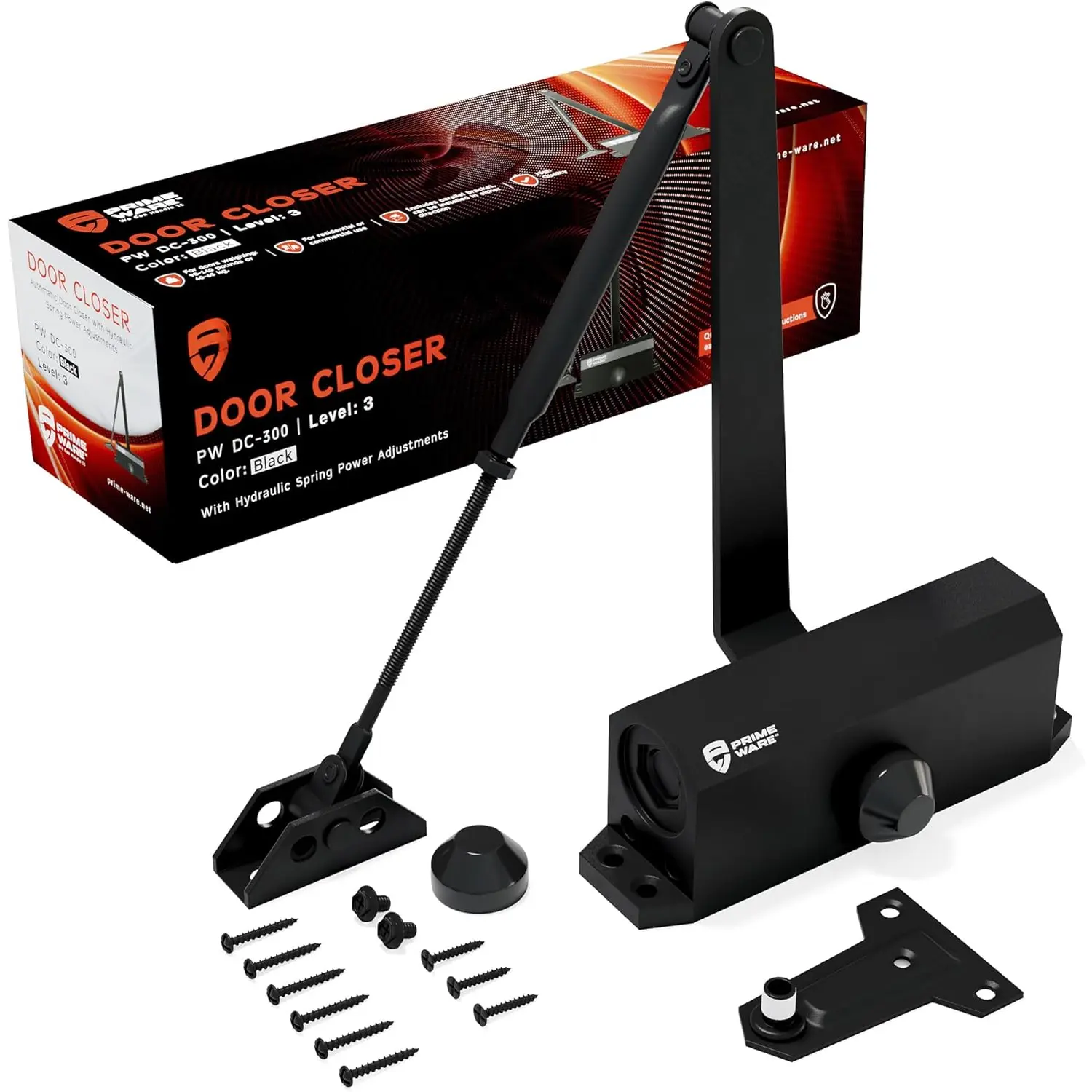 DC-300 Automatic Adjustable Door Closers for Home | Soft Close, No Slam | Residential and Commercial Door Closer | Level 3 | for Doors Weighing 90-140 lbs | Hydraulic Door Spring - Black