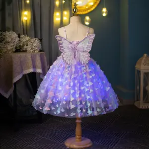 Girl'S Butterfly Spaghetti Strap Mesh Princess Dress, Luminous Butterfly Puffy Dress with Colorful Lights, Suitable For Young Children