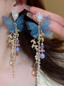 Chiffon Butterfly Water Drop Crystal Versatile Earrings for Women, Wedding Evening Wear Daily Use, Casual Style All Seasons Jewelry Gift