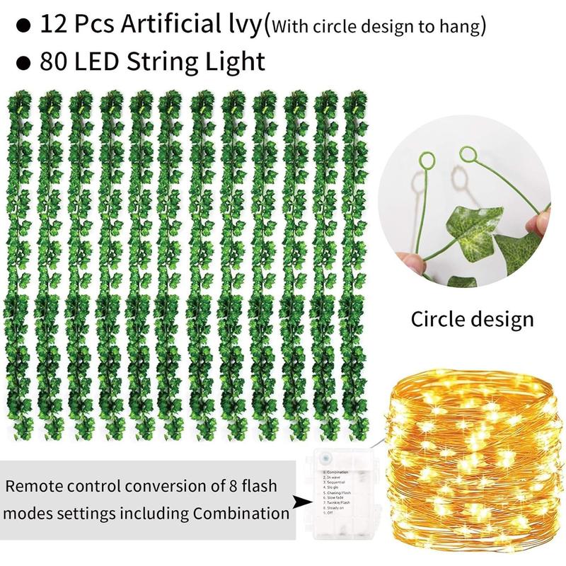 84Ft 12 Pack Artificial Ivy Leaf Plants Vine with 80 LED String Light,Green Vines Garland, Hanging for Home Kitchen Office Wedding Wall Décor