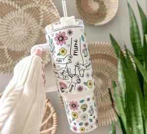 Floral Tumbler With Mama Hands With Kids Names 40 oz 20oz, Mothers Day Gift