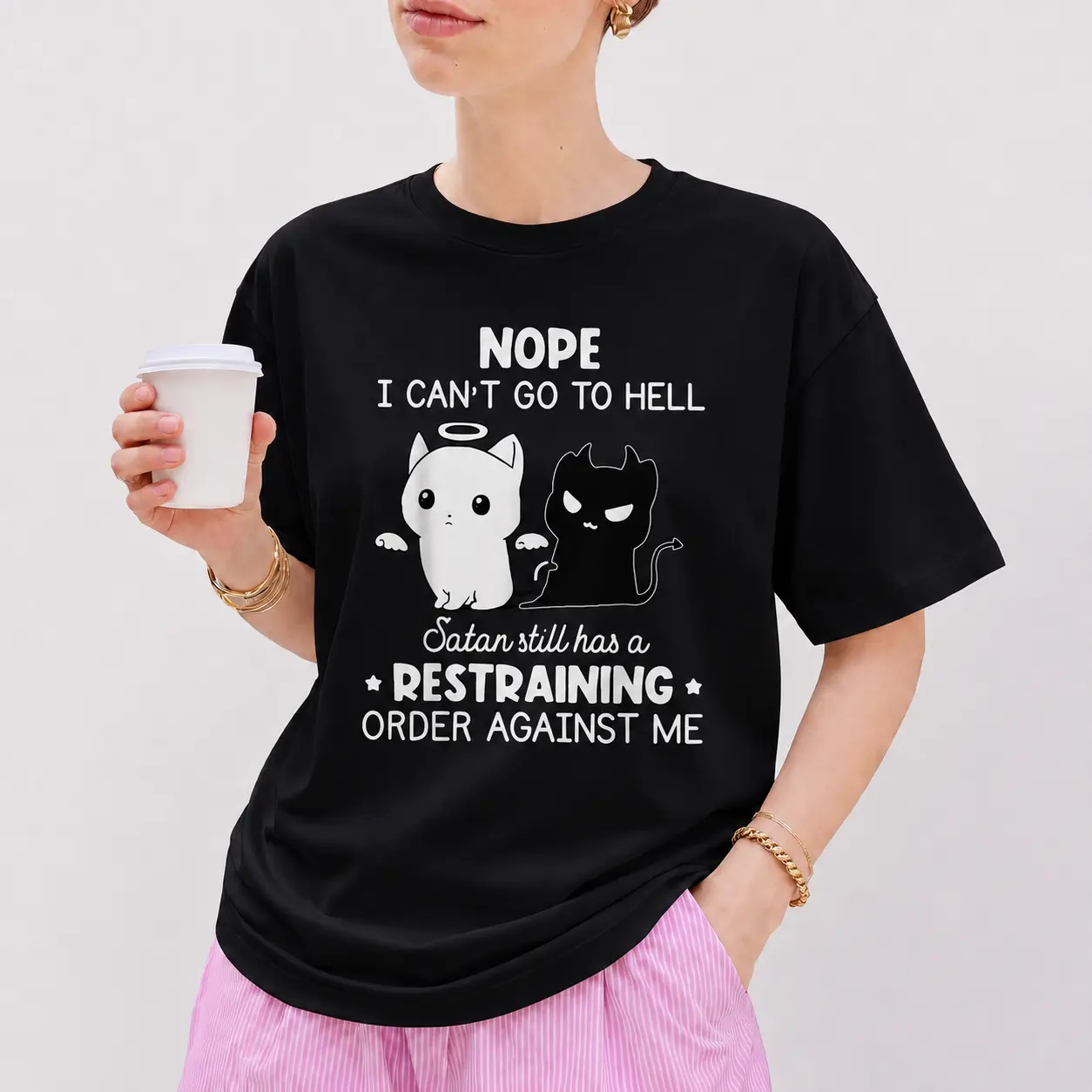 Nope I Can't Go To Hell Shirt | Crewneck Shirt - Sarcastic T-Shirt, Premium Angel and Devil Graphic Crew Neck Tee, Witty Quirky Cat Lover Gag Gift for Women
