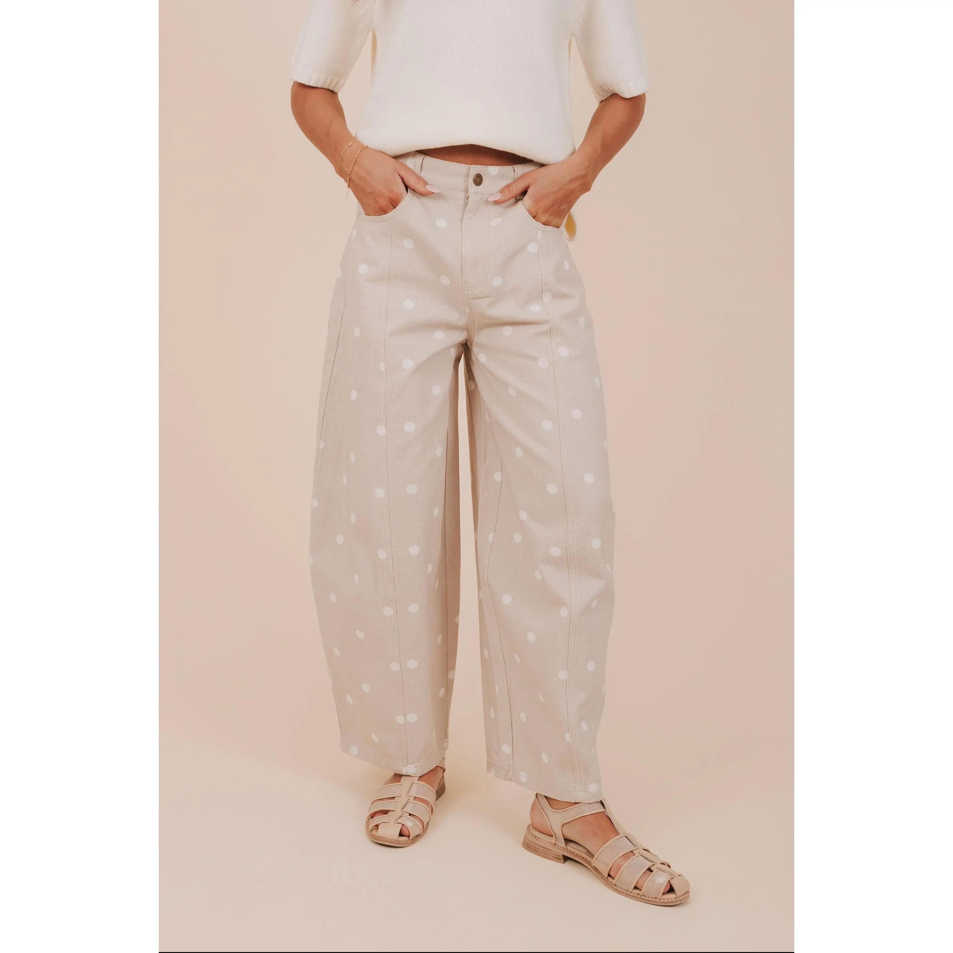 Women's High-Waisted Polka Dots Pants - Bottom with Zipper, Button Closure - 2 Color Options
