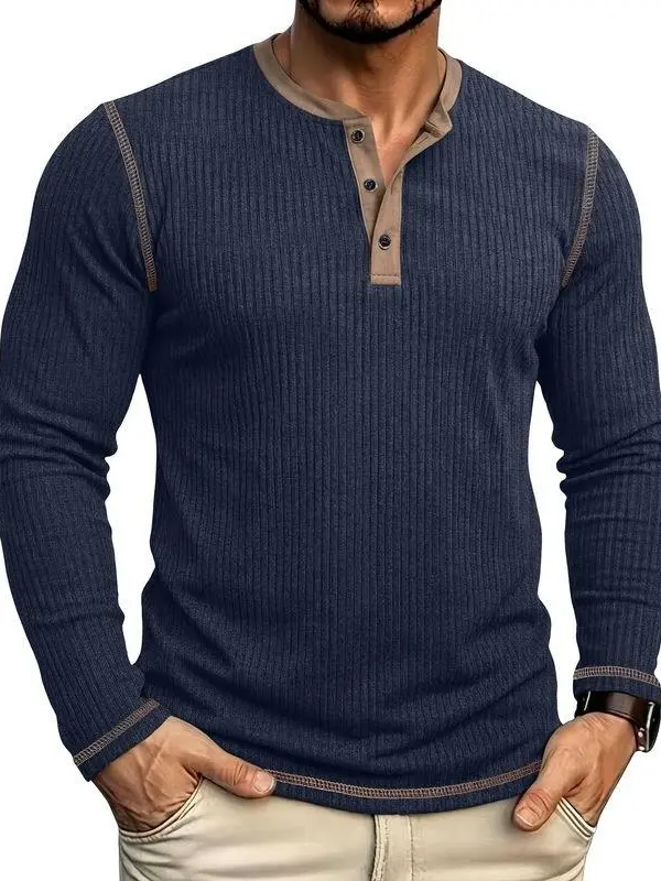 Men's Stylish Henley Sweater, Long Sleeve Ribbed Knit Polyester Pullover with Contrast Buttons, Casual Fall Menswear