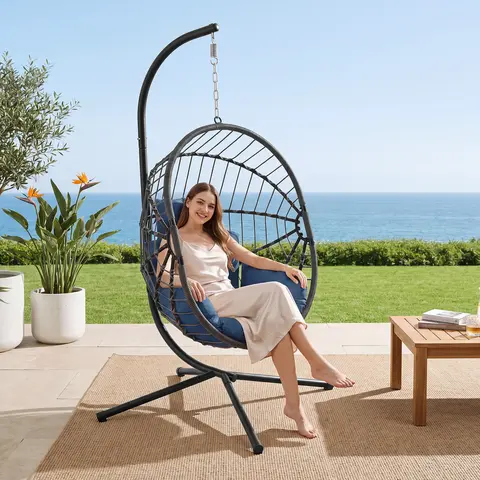 Egg Patio Swing Chair with Plush Cushion, 350LB Weight Capacity Indoor & Outdoor Hanging Chair for Patio, Garden, and Balcony, Distressed Brown Rattan Design for Ultimate Comfort-Summervibes