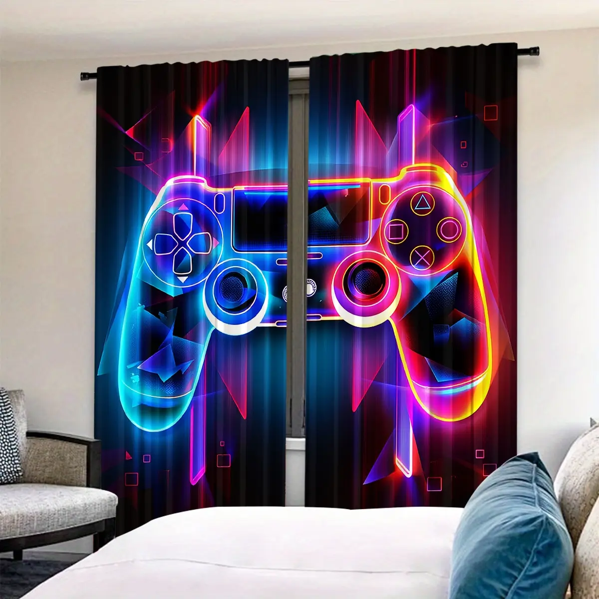 2pcs High-Definition Digital Print Gaming Controller Pattern Curtains, Home Decoration Curtain, Elegant Polyester Drapes for Living Room Bedroom Office Decor, Window Curtain, Finished Curtain