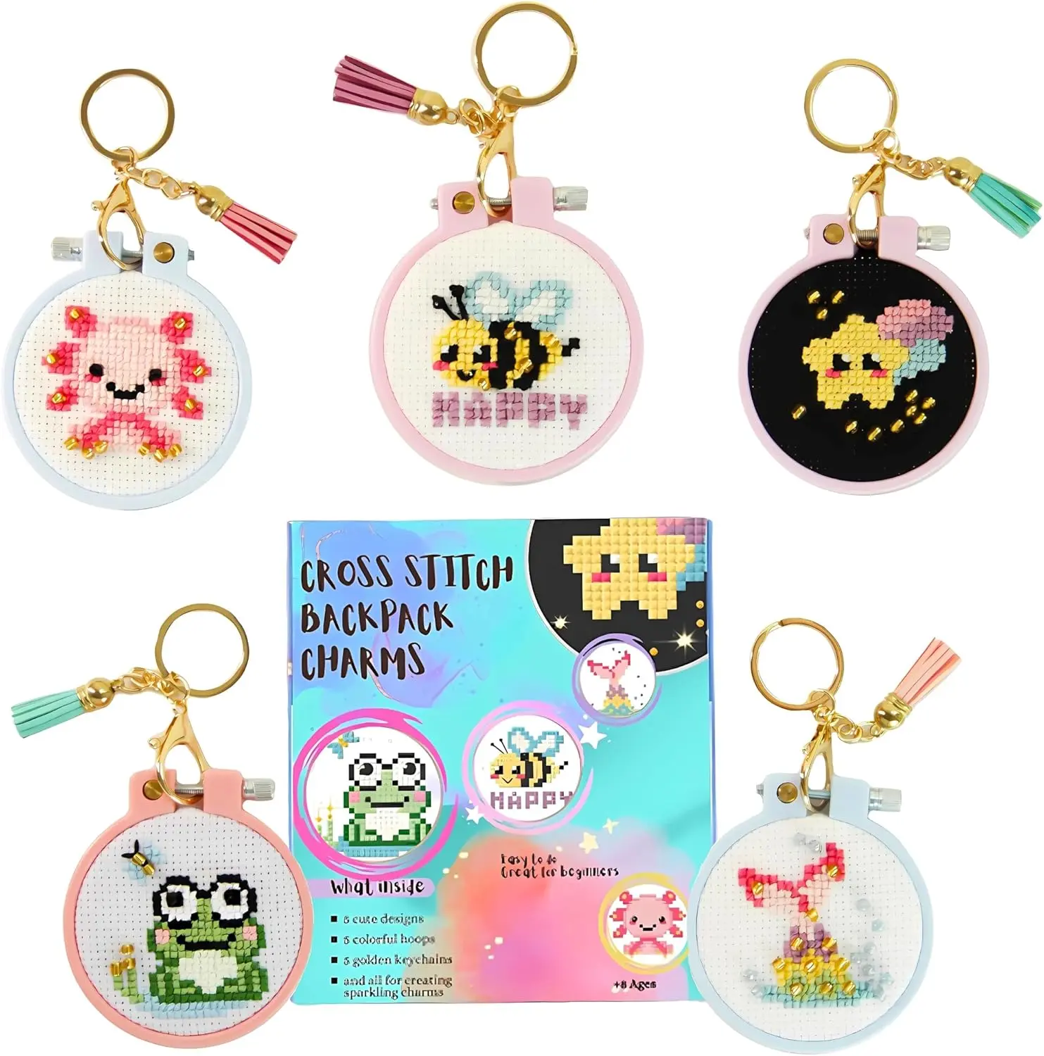 Cute Creatures Embroidery Kit for Kids. Stamped Cross Stitch Kits for Beginners. Kid Needlepoint. Crafts for Girls 8-12. Easy Crafts. DIY Keychains for Kids. Needlework Kits. Backpack Charms.