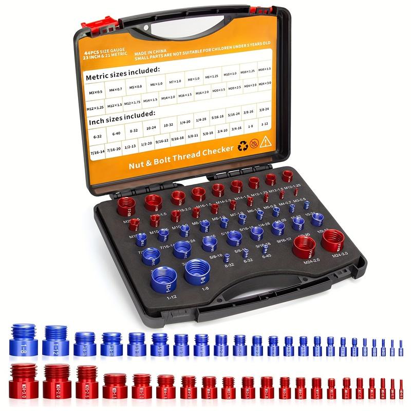 44Pcs Alloy Nut and Bolt Thread Inspector, Charge-Free Thread Gauge, Metric and SAE Size Identification Tool for Inspection of Fixed Bolts or Threaded Holes, Multi-Size Nut and Bolt Identifier with Ruler - Durable, Washable Aluminum Gauge