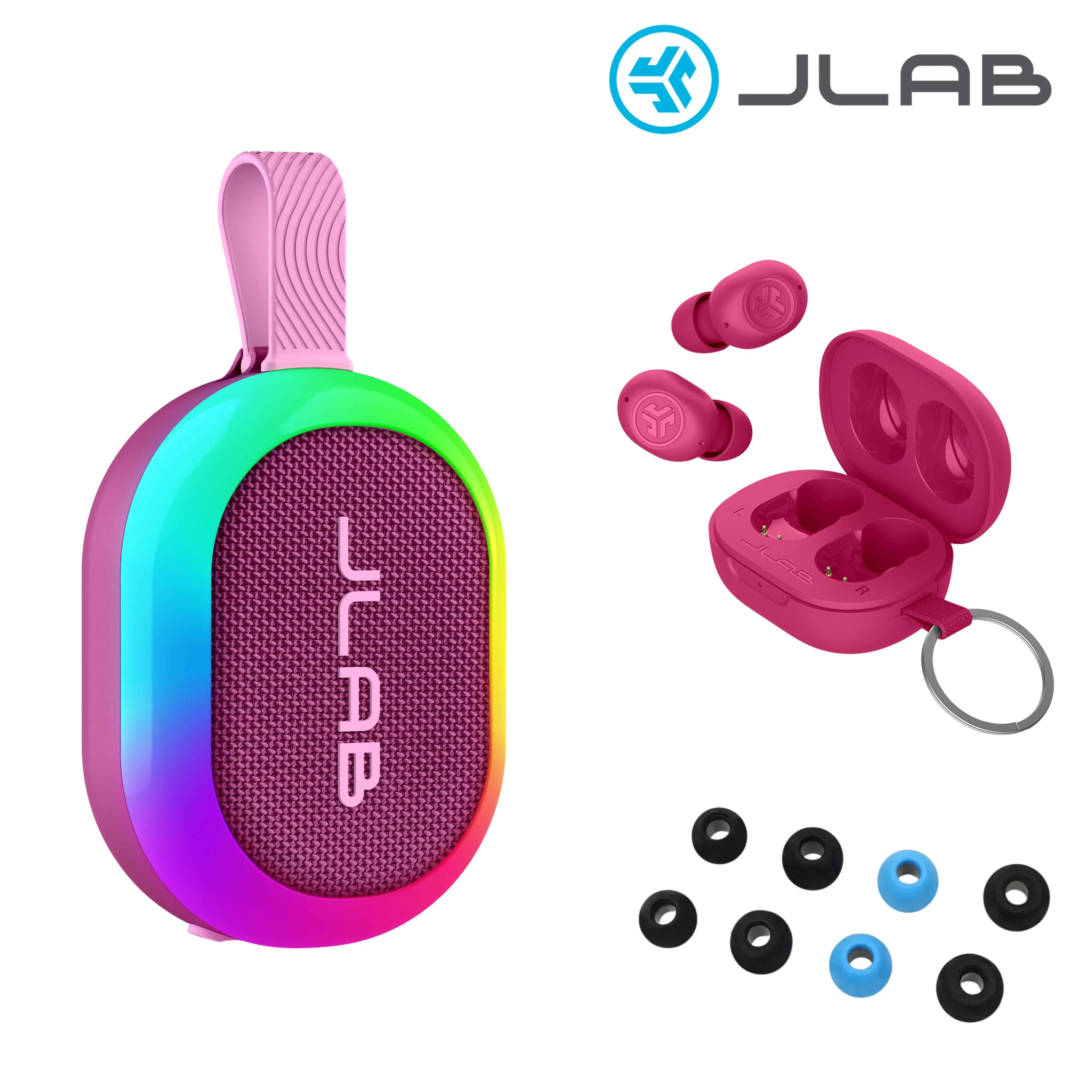 JLab Pop Party Speaker & JBuds Mini Earbuds With Cloud Foam Eartips, Holiday Gift Set JLab Pop Party Speaker & JBuds Mini Earbuds With Cloud Foam Eartips, Holiday Gift Set