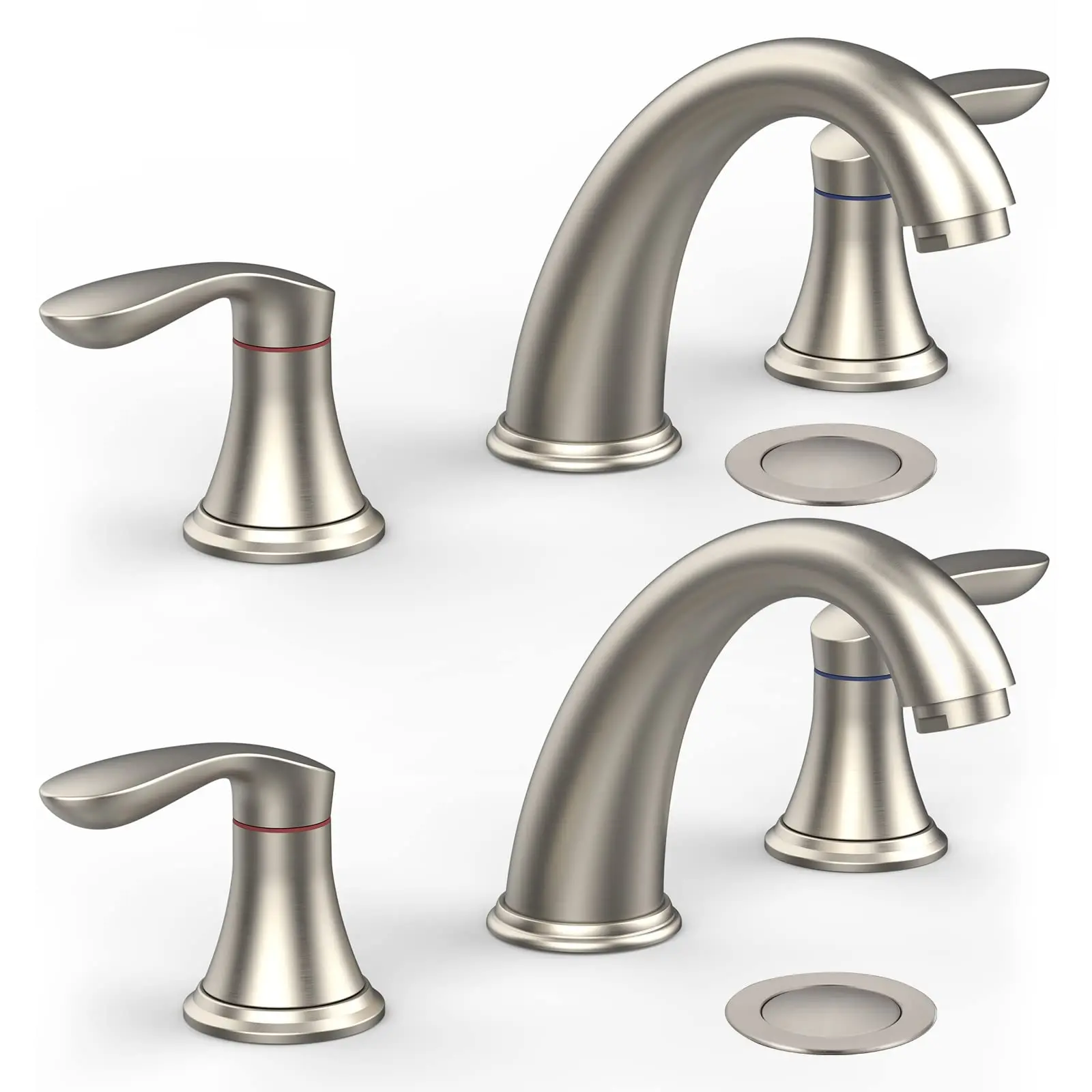 2-Pack Brushed Nickel Deck-Mounted Widespread 3-Hole Bathroom Sink Faucet with Lever Handles, Stainless Steel Pop-Up Drain, cUPC Lead-Free Hose, Water Control, Easy Cleaning & Easy Installation, Deck Mounting