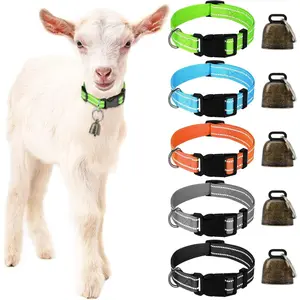 5 Pack Reflective Goat Collars with Bells, Cow Horse Sheep Grazing Copper Bells and Adjustable Nylon Collar Set Pet Anti-Lost Loud Bronze Bell for Small Farm Animal Goat Sheep Cow Accessories