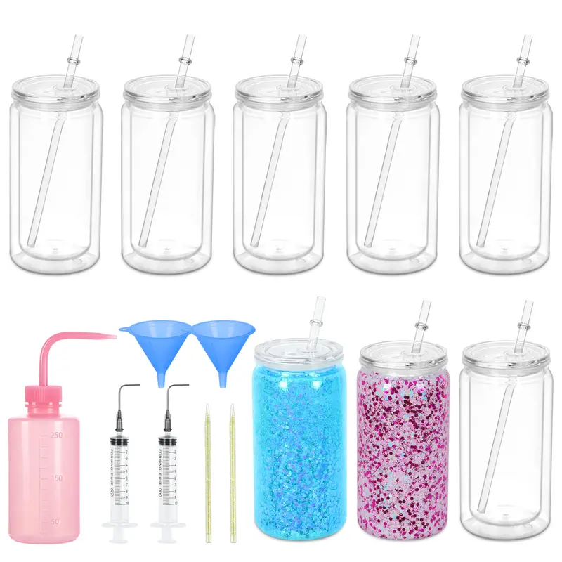 8 Pack 16 Oz Acrylic Snow Globe Tumblers, Double Wall Plastic Cups for Glitter DIY with Clear Lids & Straws, Including DIY Tools