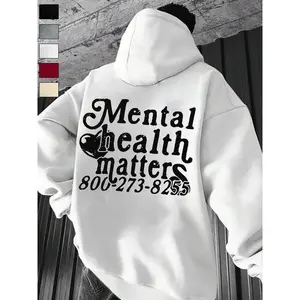 Unisex Mental Health Awareness Hoodie, Loose Fit Warm Sweatshirt with Hotline Print, Casual Street Style, Fall & Winter Wear