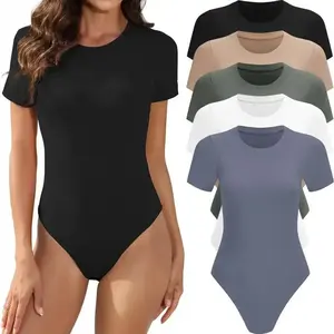 5 Pack Women's Short Sleeve Round Neck Bodysuits - Casual & Minimalist Ribbed Stretchy Shapewear Tops for Tummy Control - Comfortable Fabric Bodysuits in Black White & Coffee