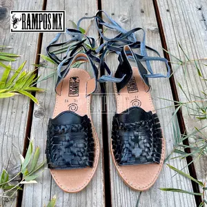 Womens Mexican Sandals,Handmade Leather Lace Up Sandals Huaraches,Sandalias Huaraches Mexicanos,Mexican leather Shoes Lace-up OPEN TOE BLACK