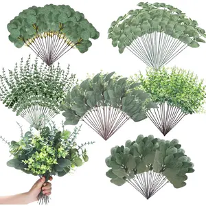 90 count 6 Kinds Mixed Eucalyptus Leaves Stems Bulk Artificial Eucalyptus Leaves Sprays  Dollar Faux Greenery Picks Bundle for Wedding Vase Floral Arrangement Decor