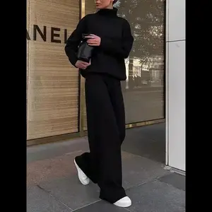 Women's Solid Turtleneck Tops & Wide Leg Pants Set, Casual Fashionable Cozy Long Sleeve Top & Trousers for Daily Casual Occasion Wear, Fall Clothes, 2 Piece Set, Women's Clothing for Fall, Downtown Girl Clothes