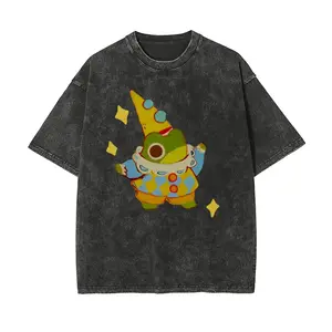 Unisex Star Frog Vintage Washed Cotton Fabric Apparel - Classic Short-Sleeve Oversized Streetwear T-Shirt, Cartoon Design, Soft Comfortable Casual Summer Top