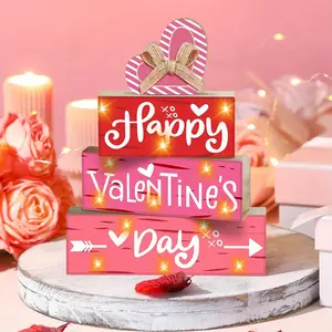 4 Pcs Valentine's Day Wooden Signs Heart Table Decor Rustic Distressed Valentines Centerpieces Blocks Farmhouse Tiered Tray Decor Valentine Day Decorations for Home Desk Shelf Wooden Letter Sign