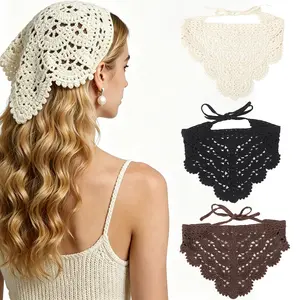 AWAYTR 3Pack Crochet Headscarf Triangle Headband Boho Hollow Knit Hair Bandana with Tie for Women Summer Beach Kerchief Head Scarf