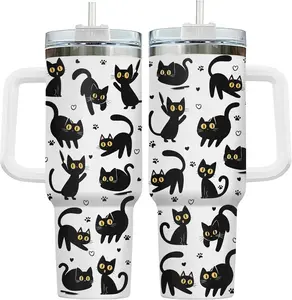 Black Cat Pattern Tumbler 40oz with Handle Straw, Cute Kitty Paw Print Insulated Travel Coffee Mug - Birthday Gifts for Cat Lovers, Feline Friends & Co-workers