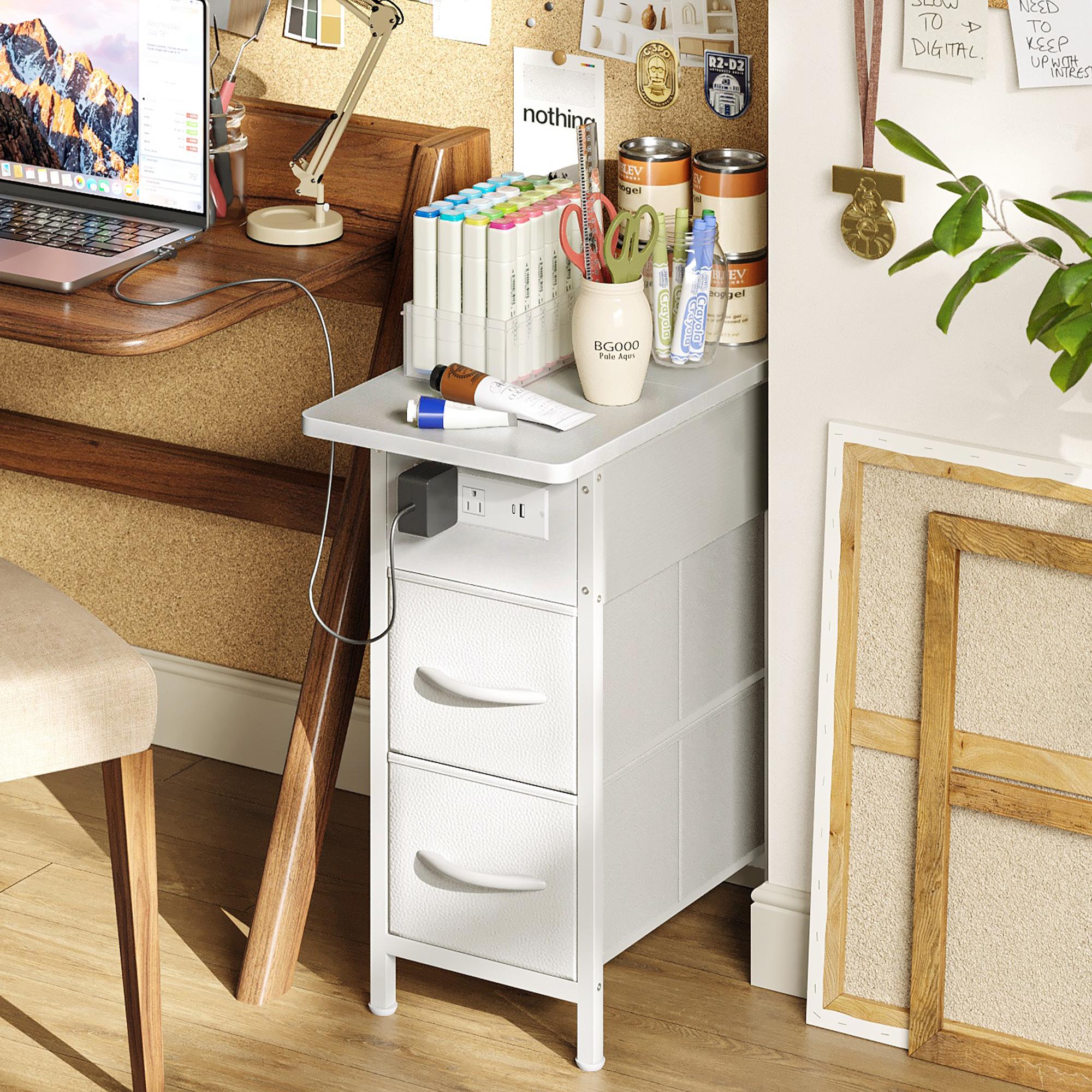 Huuger Narrow End Table with Charging Station, Flip Top Side Table with 2 Fabric Drawers, Slim Night Stand with USB-C Port for Small Spaces, Nightstand Bedside Couch Table, Living Room Huuger Narrow End Table with Charging Station, Flip Top Side Table with 2 Fabric Drawers, Slim Night Stand with USB-C Port for Small Spaces, Nightstand Bedside Couch Table, Living Room