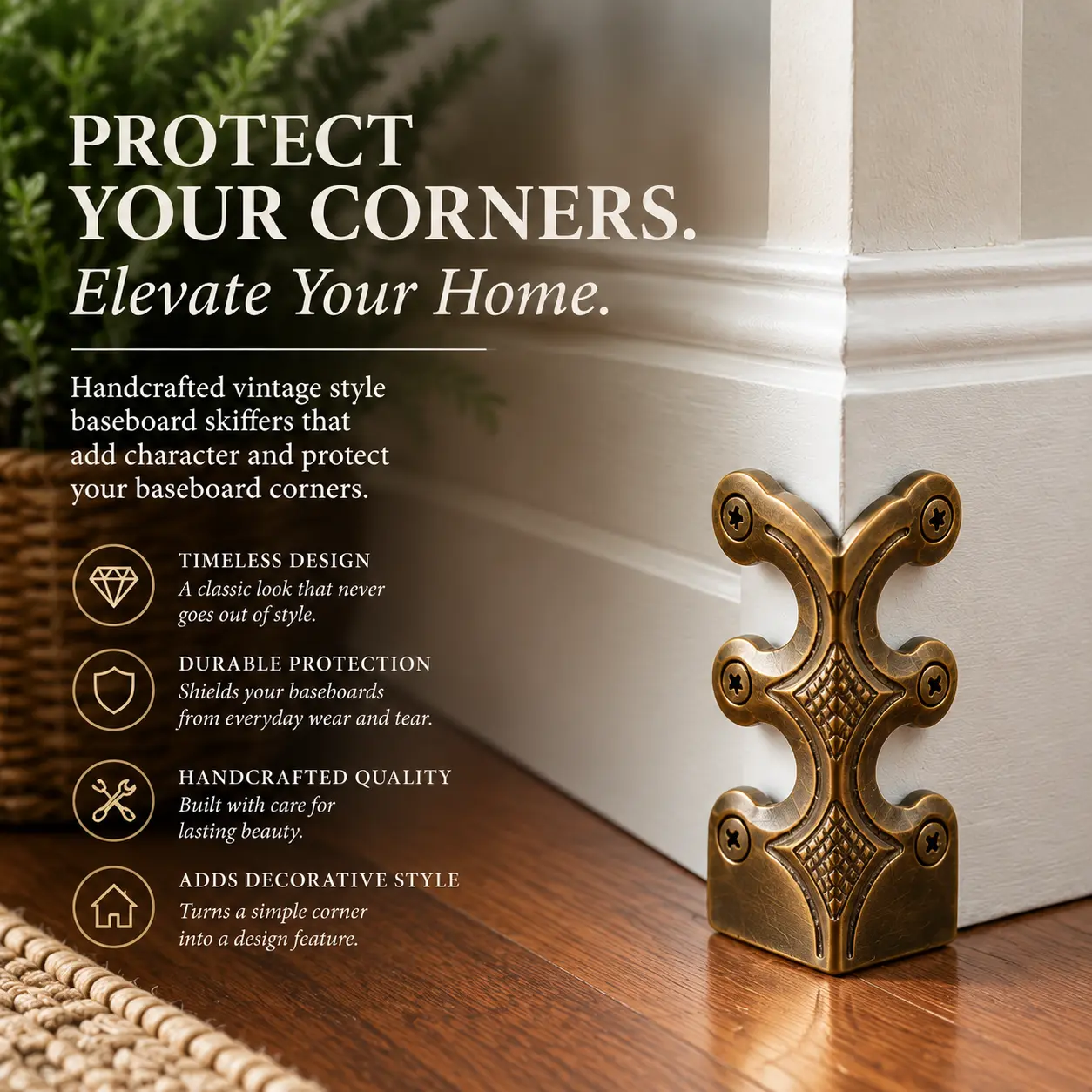 Baseboard Skiffer Guard | Vintage Style Baseboard Corner Decor + Protection