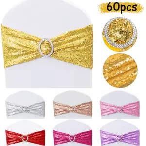 60pcs Sequin Chair Sashes, 6" X 14" Stretchy Spandex Glitter Bows for Wedding, Party, Home Decor, Hotel Events - Romantic, Engagement, Classic Style