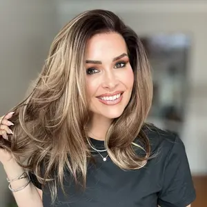 A03 by AISOM 13*4 Glueless Free Part Lace Wig Brown wig with Blonde Highlights Pre Plucked Hairline 18inches Layered Wig Heat Friendly Synthetic Wig for Women